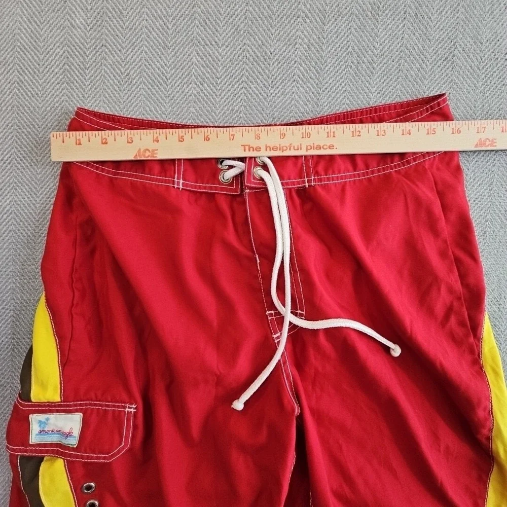 American Eagle Men 32 Board Shorts Swim Trunks Red Yellow 10 Inseam EUC Surf NWT